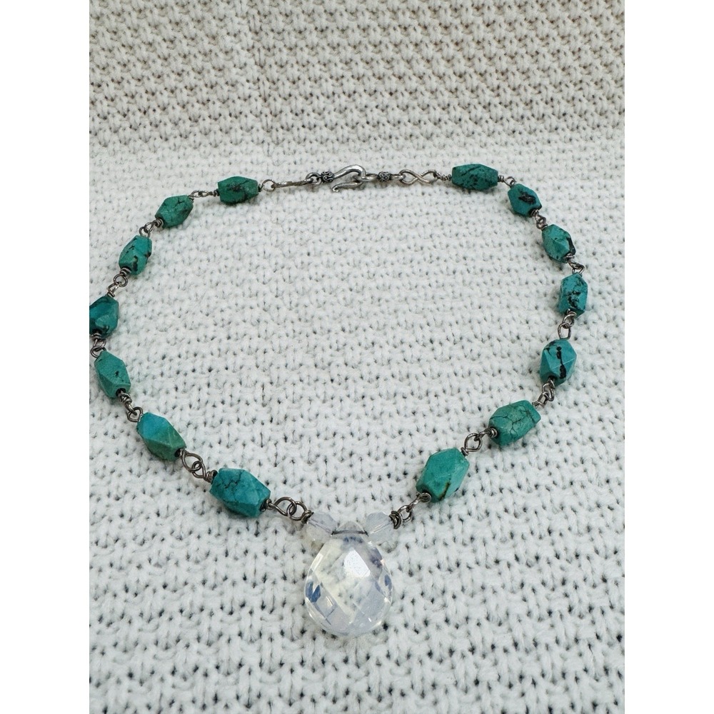 Turquoise Color Stone Bead Opalescent Teardrop Pendant Necklace 18"